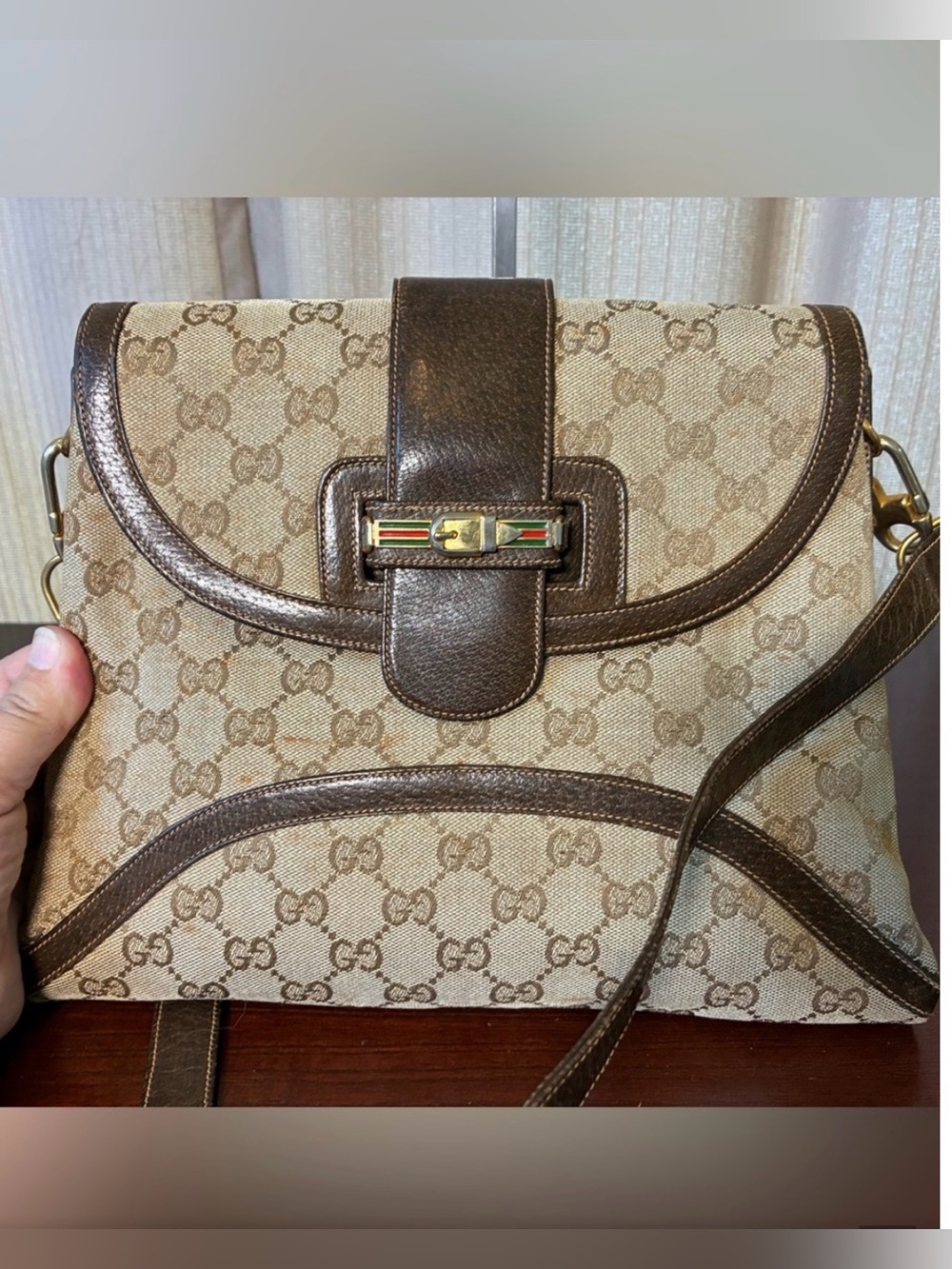 Gucci Beige Monogram Canvas Shoulder Bag with Brown Leather Trim